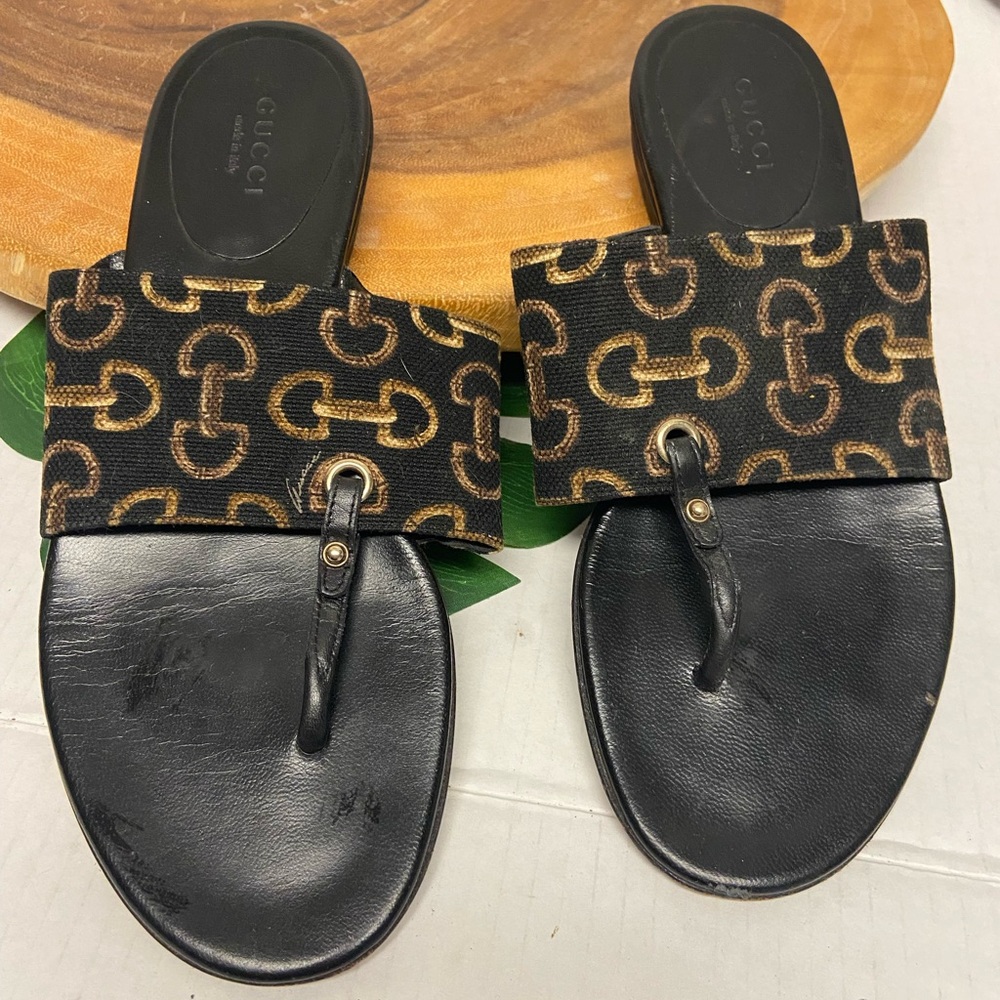GUCCI Retro Horsebit Canvas Thongs Sz:36